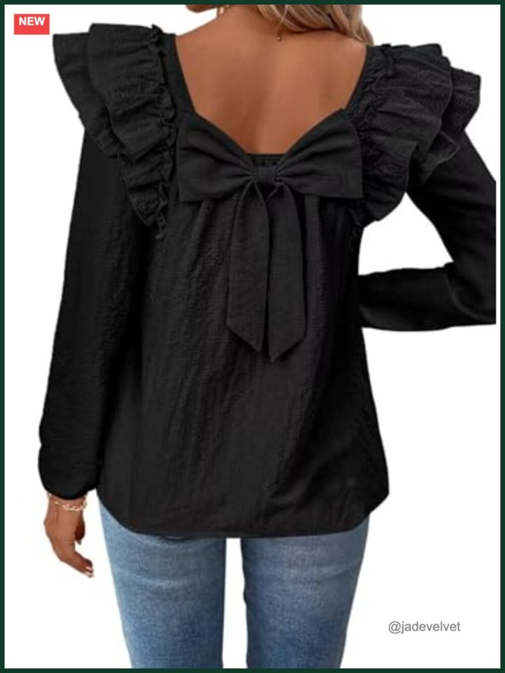 Womens Bow Tie Back Babydoll Square Neck Long Sleeve Blouse Tunic Top